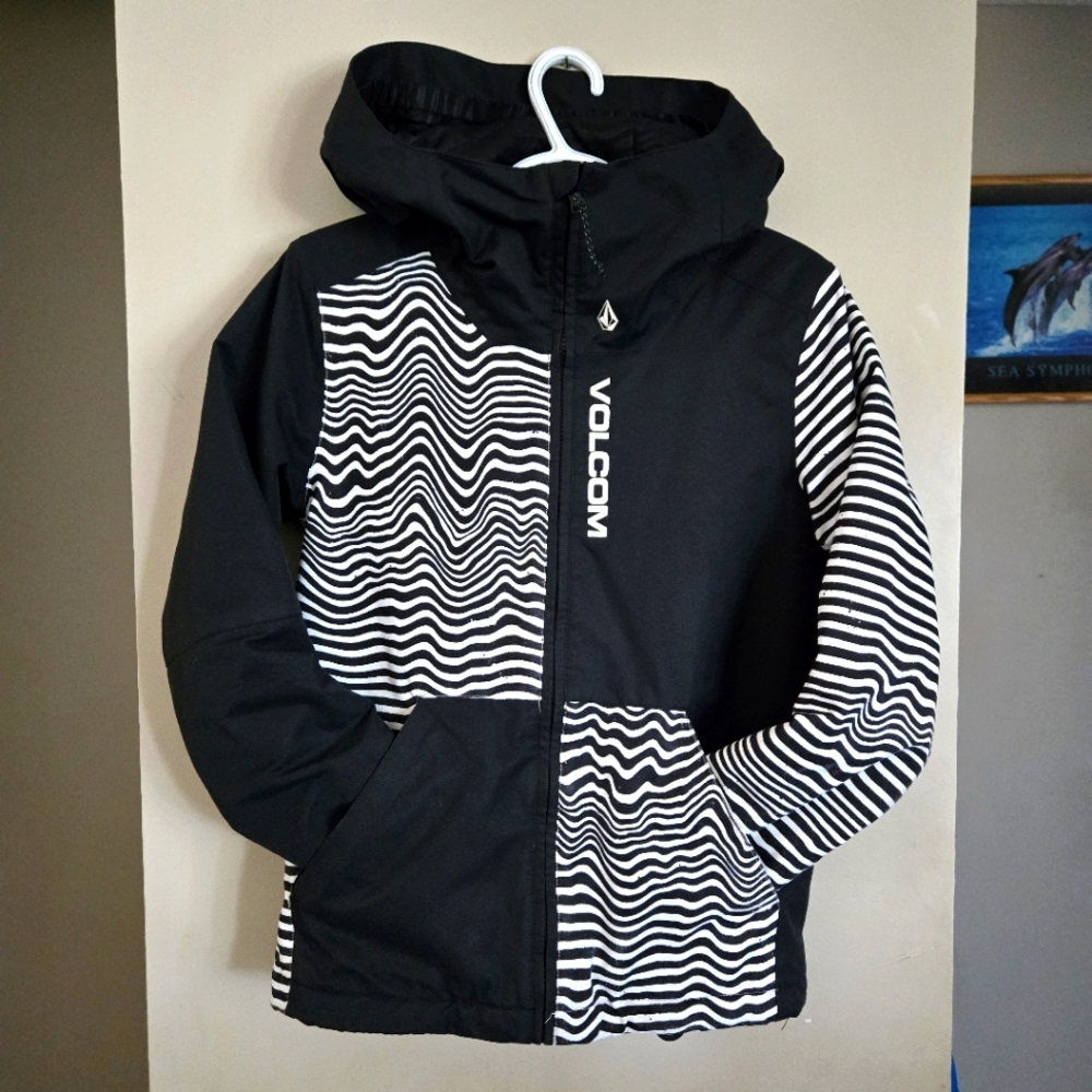 Volcom Black and White Kids Jacket with Wavy Stripe Pattern
